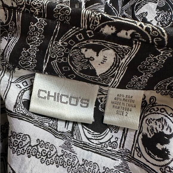 Chico’s Black Silver Silk Open Jacket Lady Vintage Cameo Print Artsy Museum - Picture 3 of 6